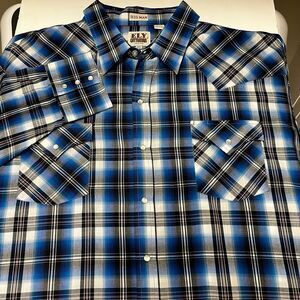 Ely Cattleman Big Man Blue Plaid Pearl Snap Long Sleeve Shirt Size 3XL